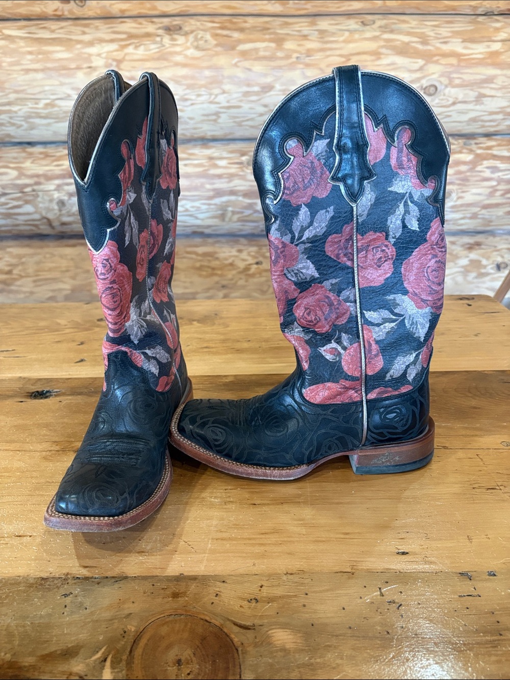 Ariat Black Leather Western Boots with Red Rose Embroidery